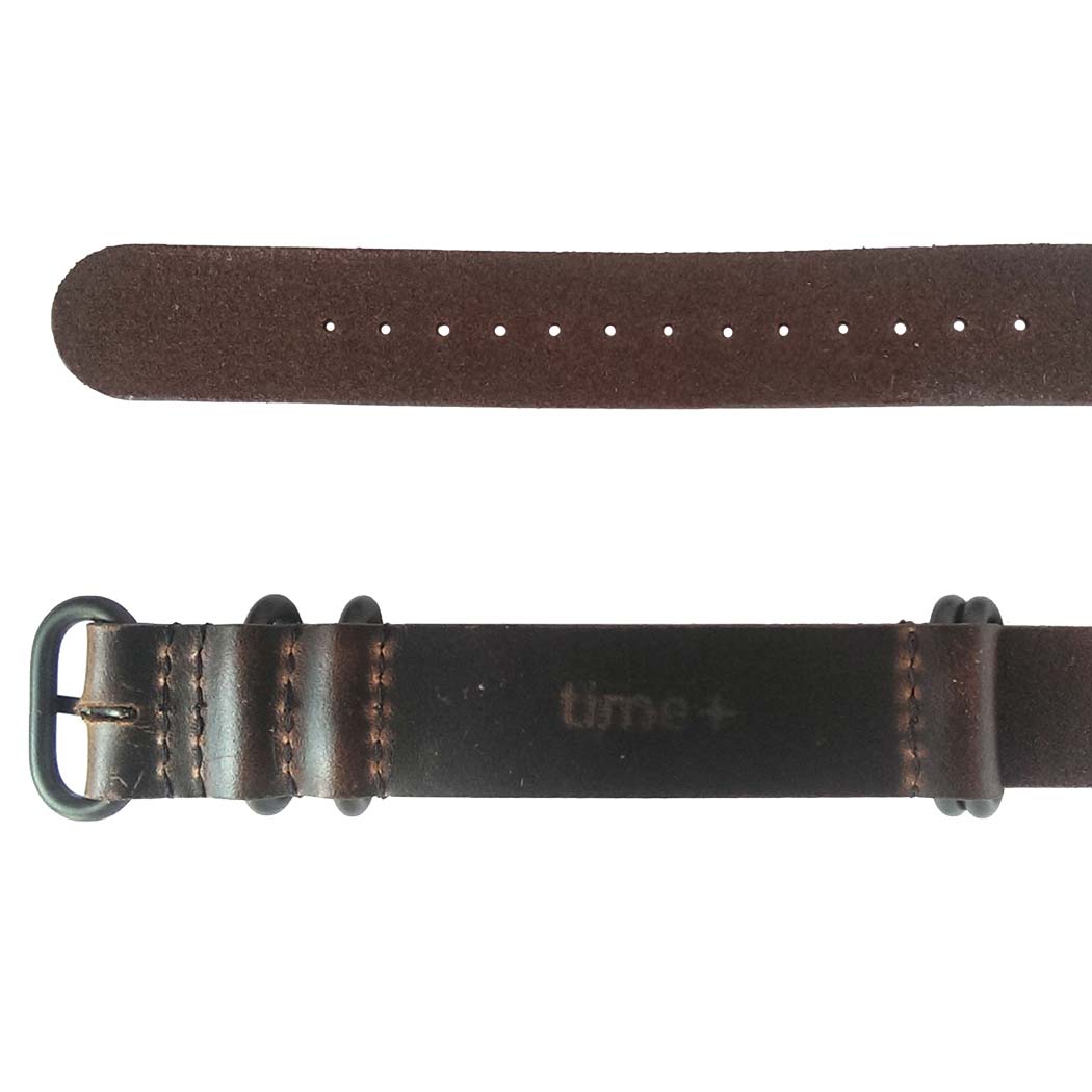 time+ 5-ring Oil Leather Military Watch Strap Dark Brown