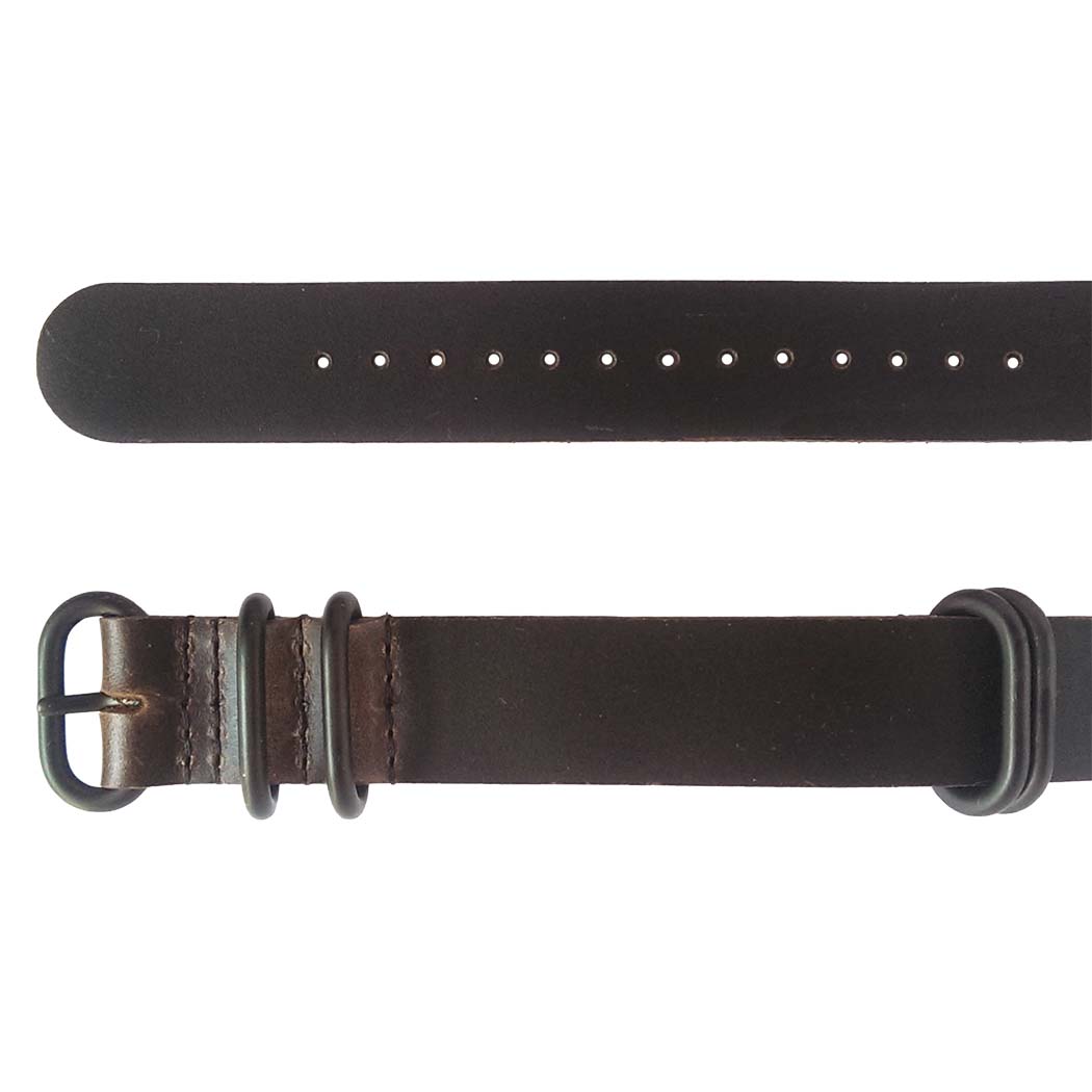 time+ 5-ring Oil Leather Military Watch Strap Dark Brown