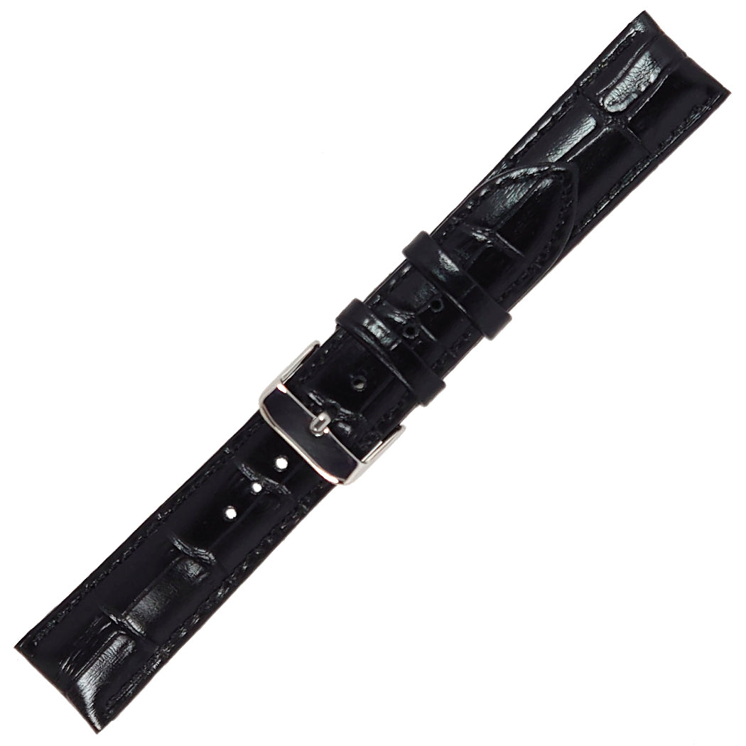 time+ 2 Piece Crocodile Embossed Leather Watch Strap Band Black
