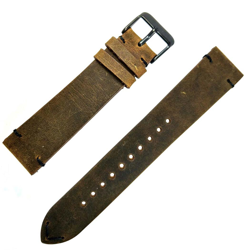 time+ 2 Piece Distressed Leather Watch Strap Vintage Brown - Matte Black