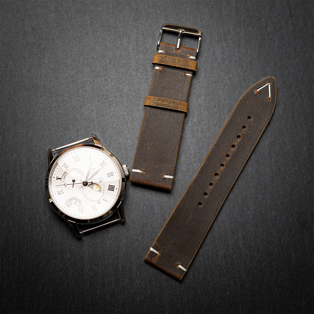 time+ 2 Piece Distressed Leather Watch Strap Vintage Brown