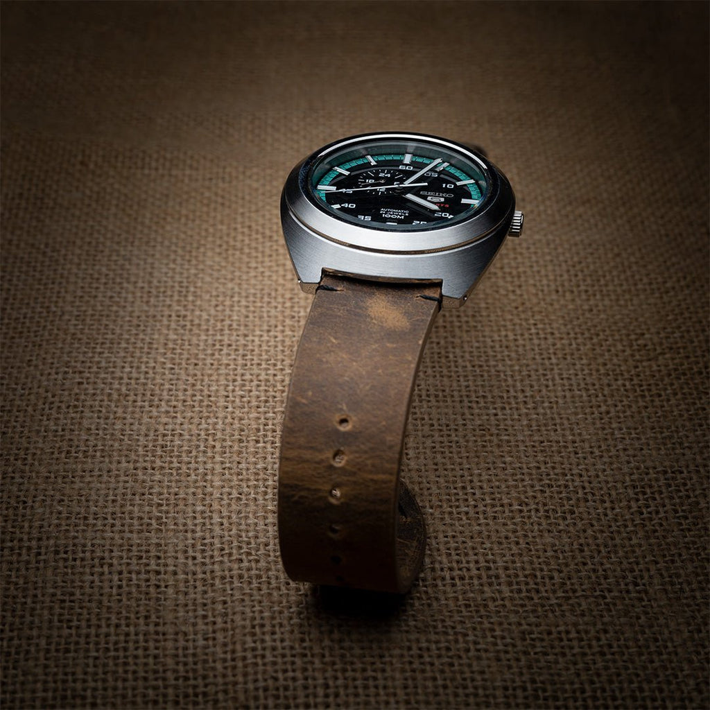 time+ 2 Piece Distressed Leather Watch Strap Vintage Brown - Matte Black