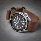 time+ 3 - ring Distressed Leather Military Watch Strap Vintage Brown - Matte Black