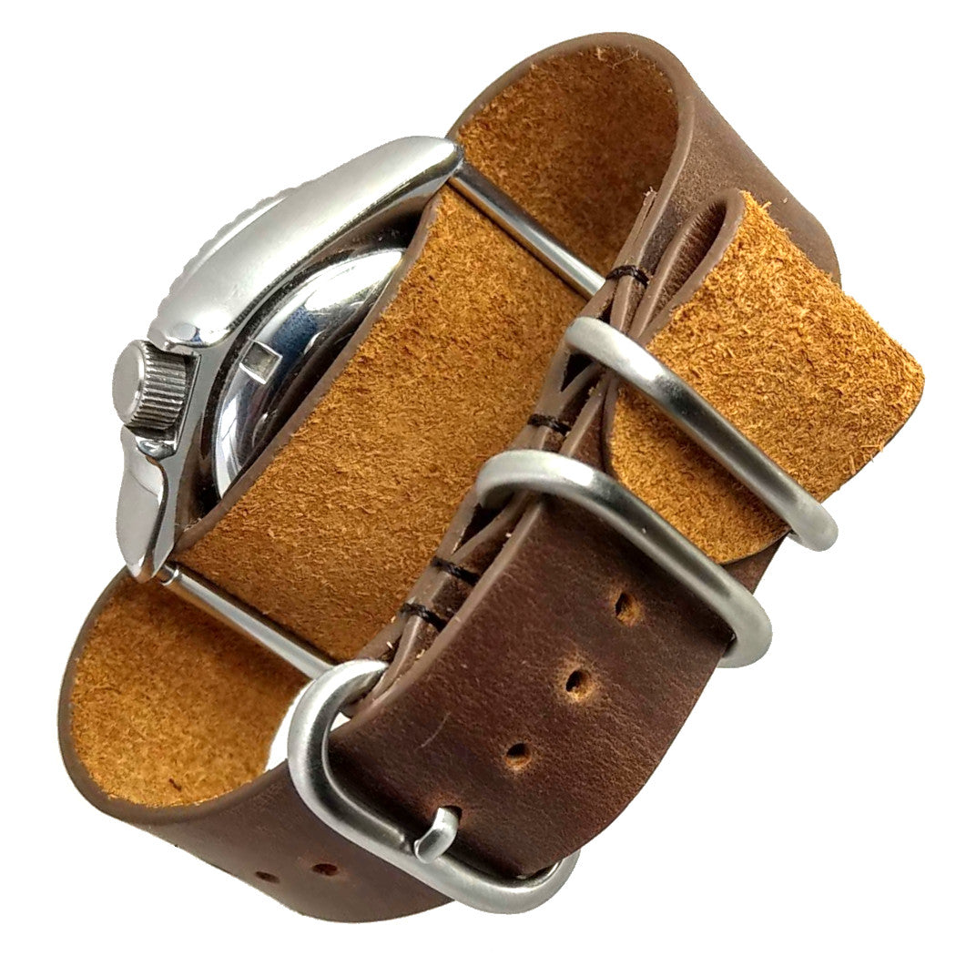 time+ 3-ring Distressed Leather Military Watch Strap Vintage Brown