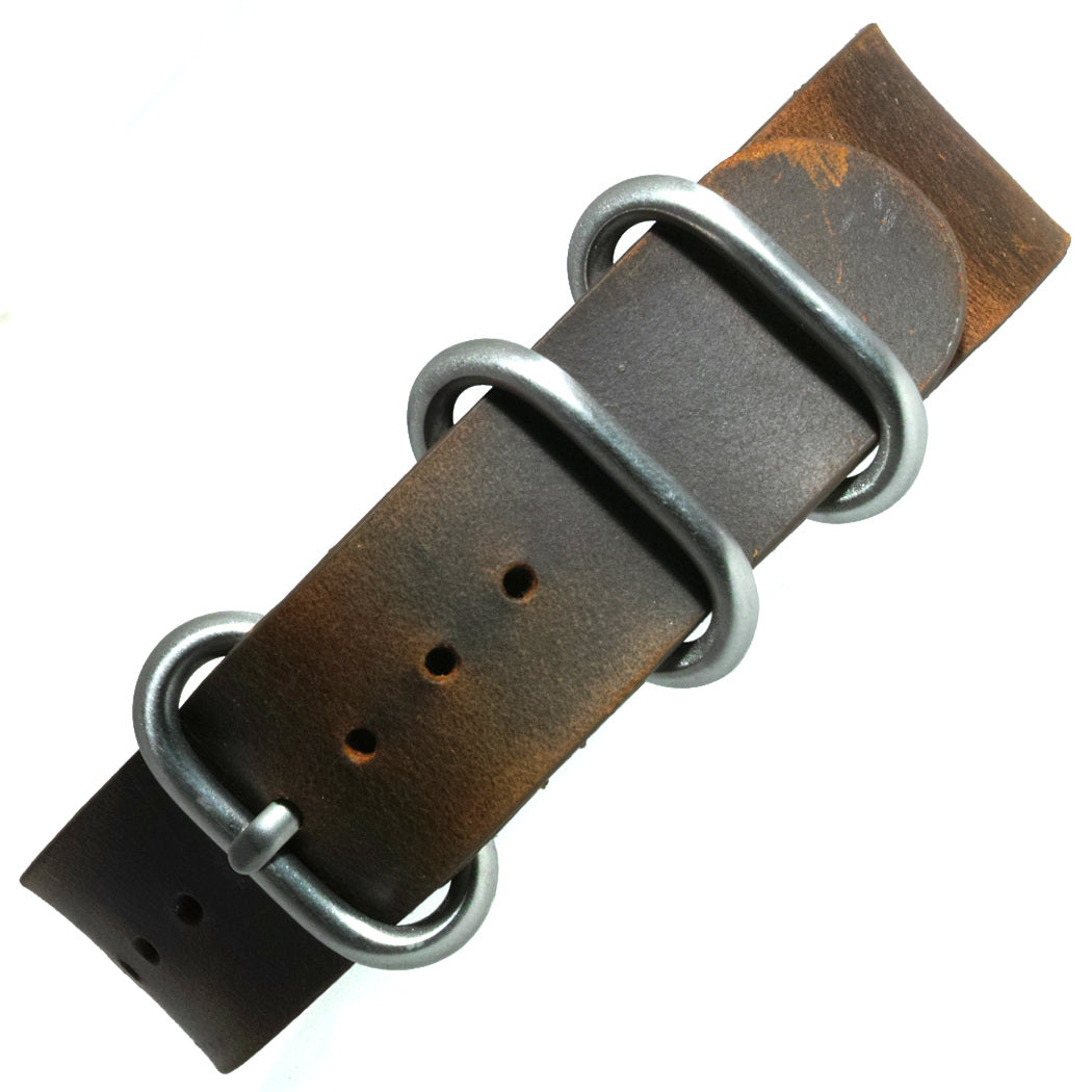 time+ 3-ring Distressed Leather Military Watch Strap Vintage Brown