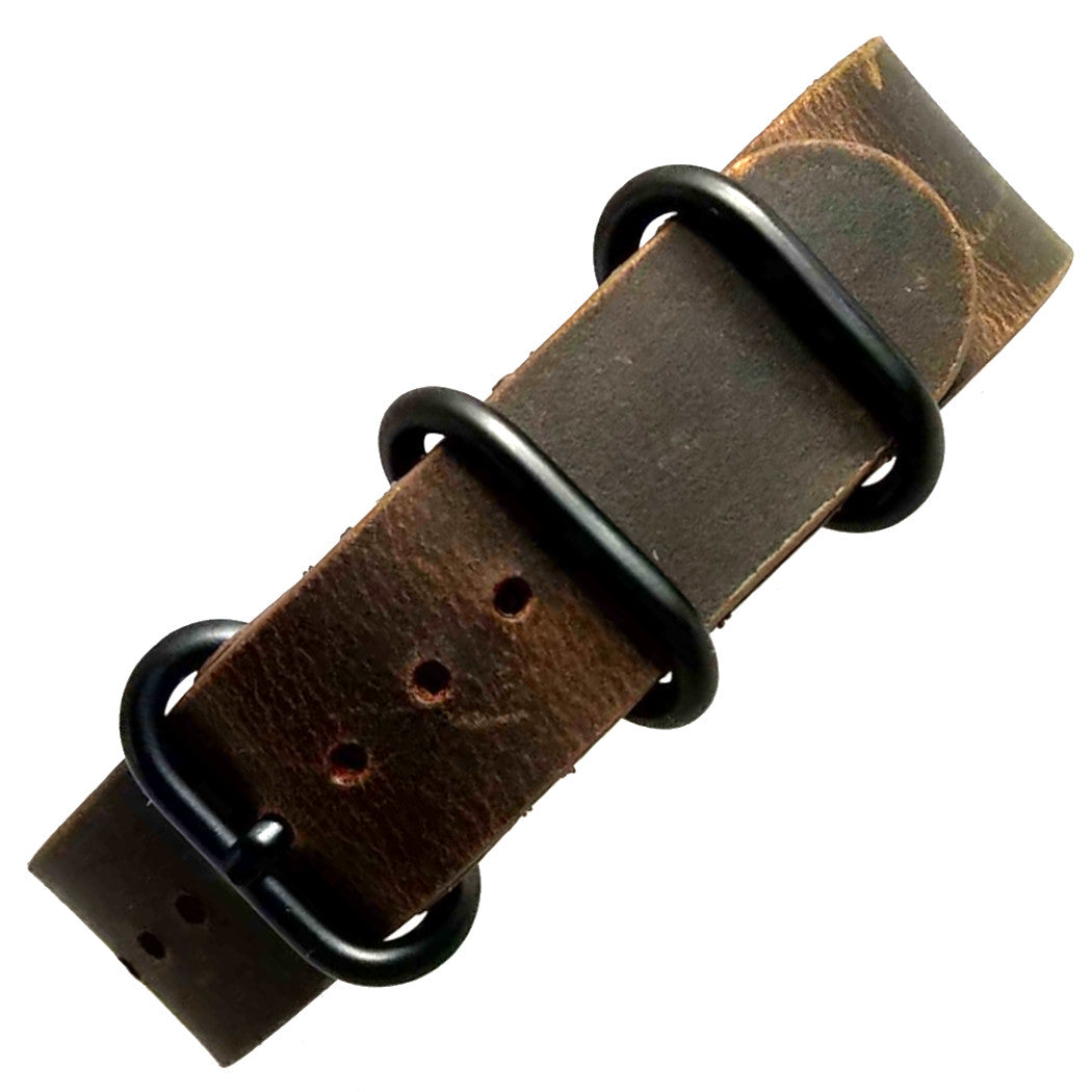 time+ 3-ring Distressed Leather Military Watch Strap Vintage Brown
