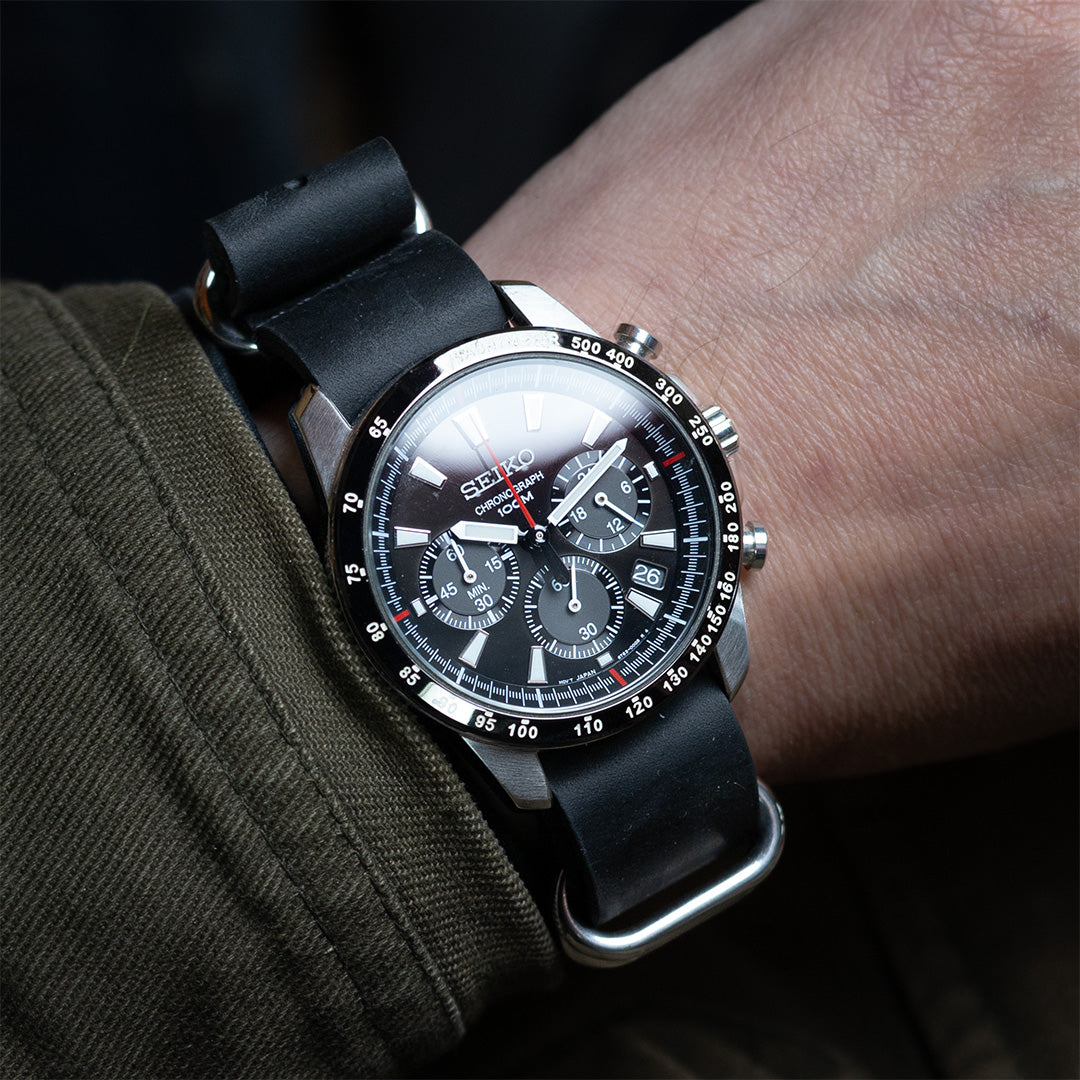 time+ 5-ring ブラックレザー ミリタリーストラップ 腕時計ベルト