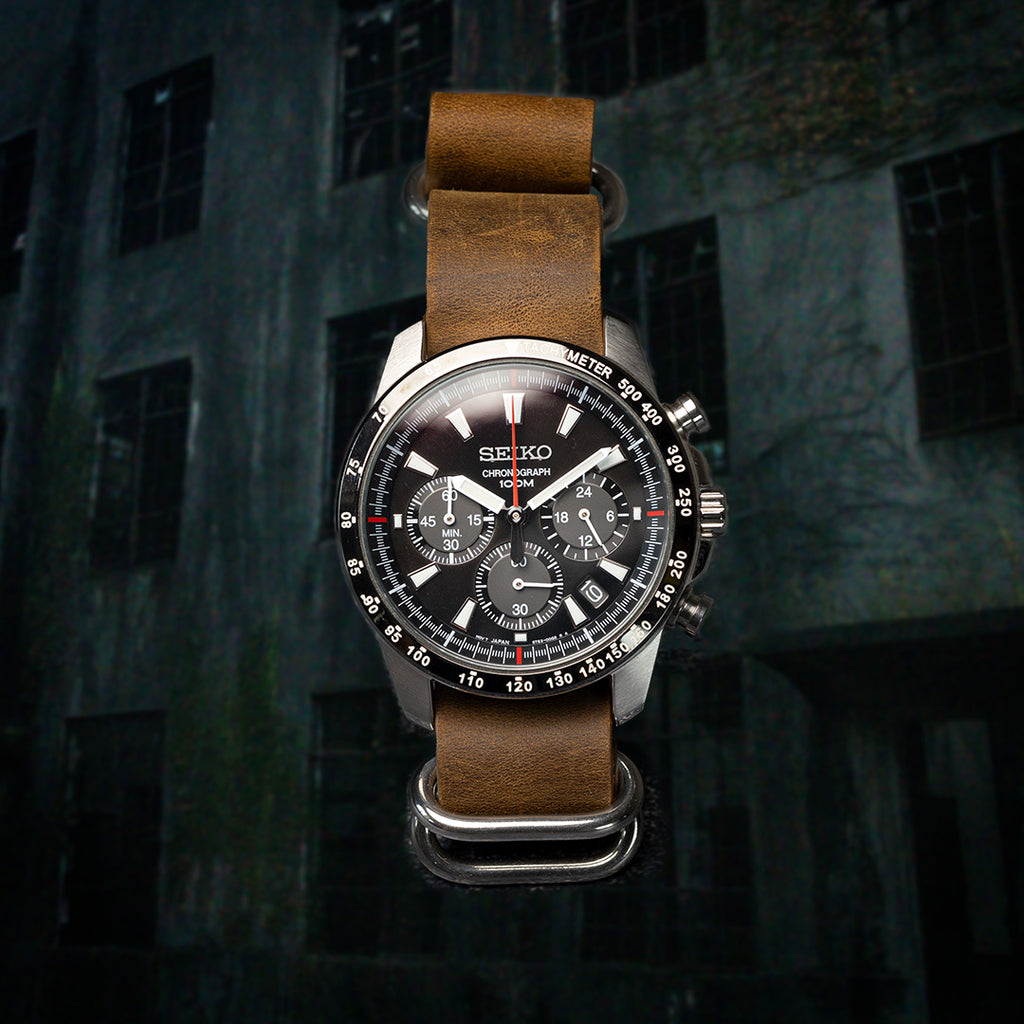 time+ 5-ring Distressed Leather Military Watch Strap Vintage Brown