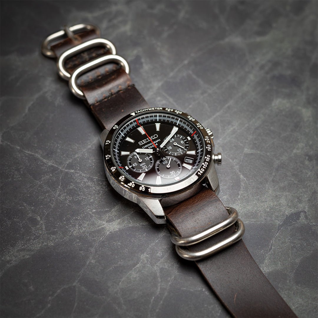 time+ 5 - ring Oil Leather Military Watch Strap Dark Brown