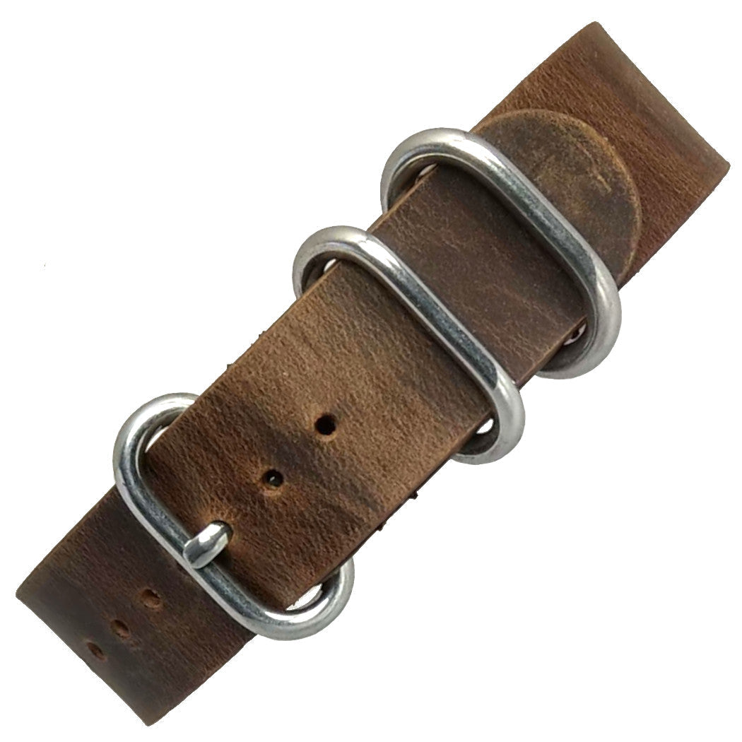 time+ 5-ring Distressed Leather Military Watch Strap Vintage Brown