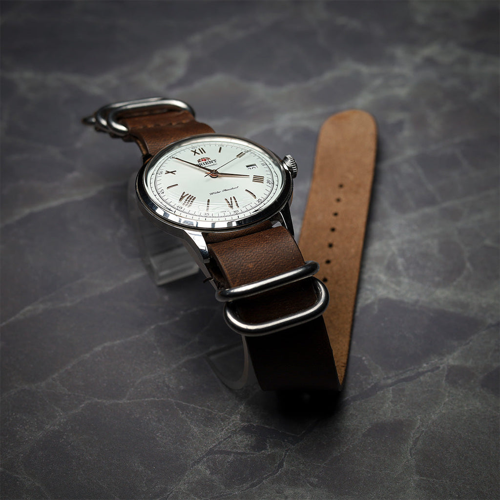time+ 5-ring Oil Leather Military Watch Strap Brown