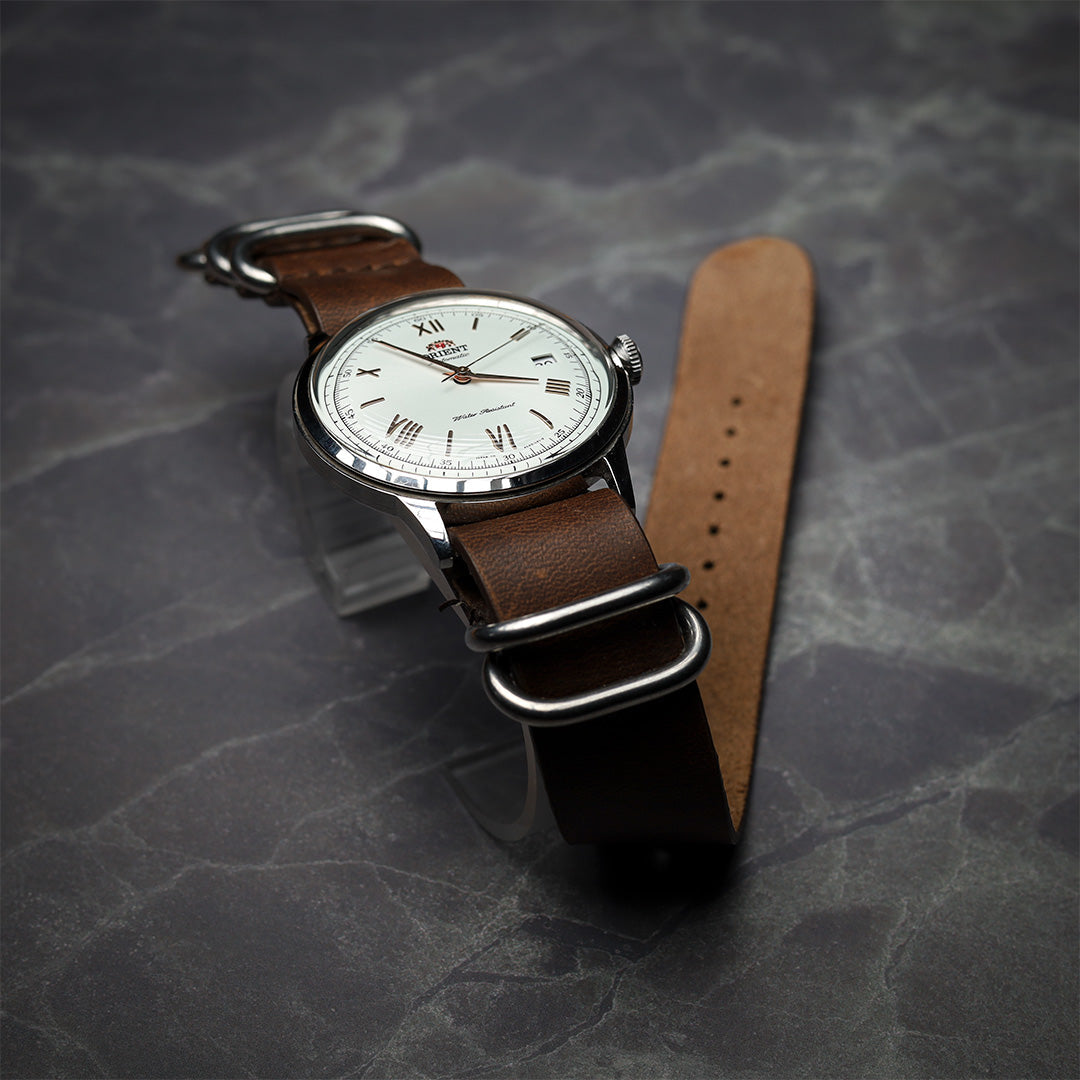 time+ 5-ring Oil Leather Military Watch Strap Brown