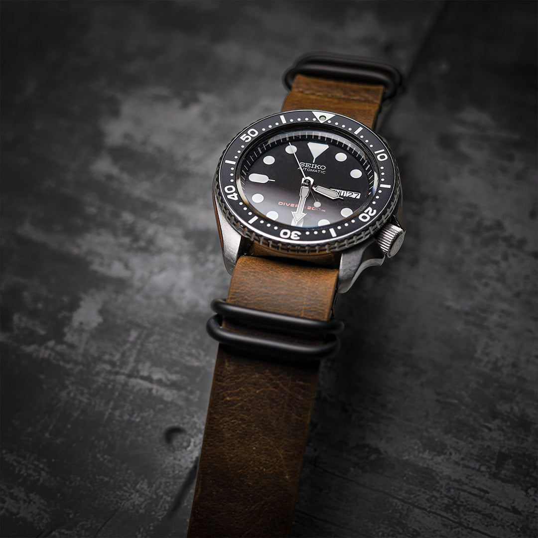 time+ 5-ring Distressed Leather Military Watch Strap Vintage Brown
