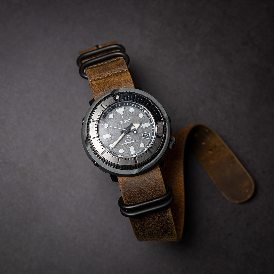 time+ 5-ring Distressed Leather Military Watch Strap Vintage Brown