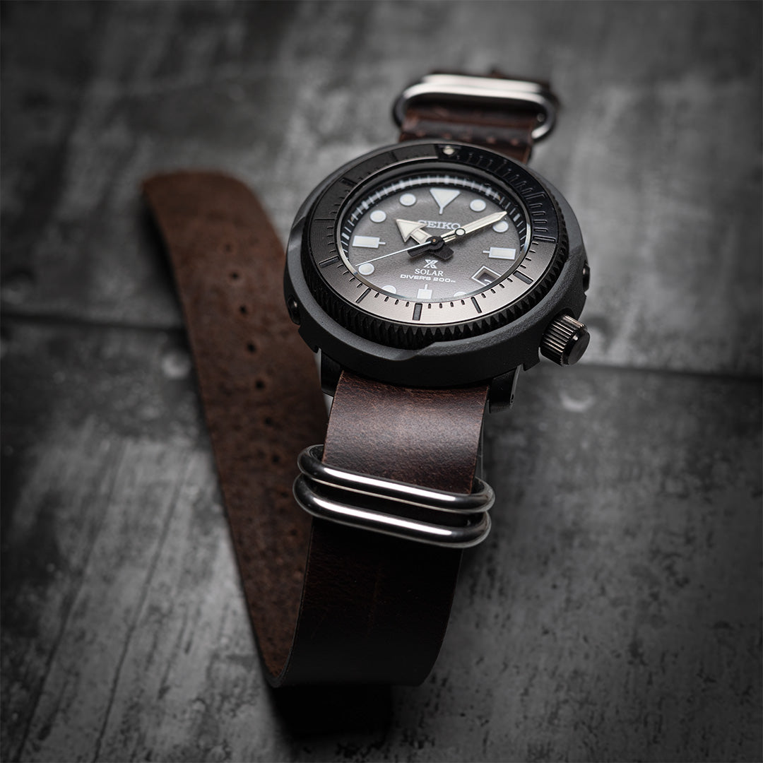 time+ 5-ring Oil Leather Military Watch Strap Dark Brown