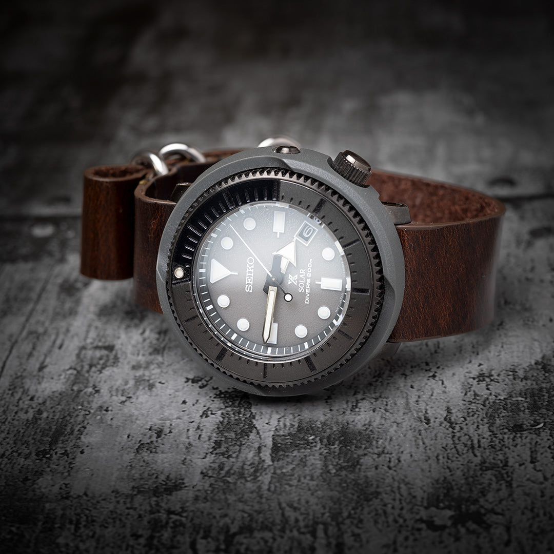 time+ 3-ring Oil Leather Military Watch Strap Dark Brown