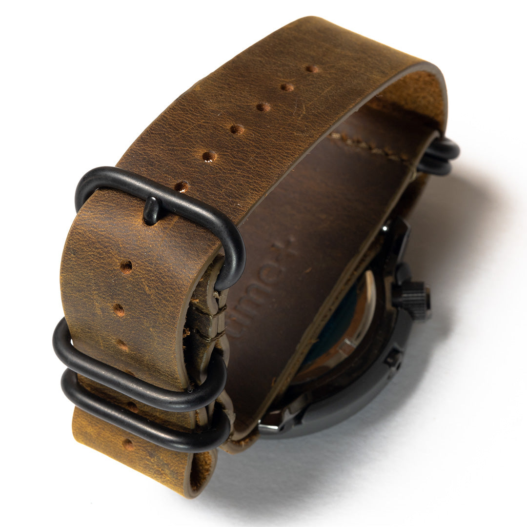 time+ 5-ring Distressed Leather Military Watch Strap Vintage Brown