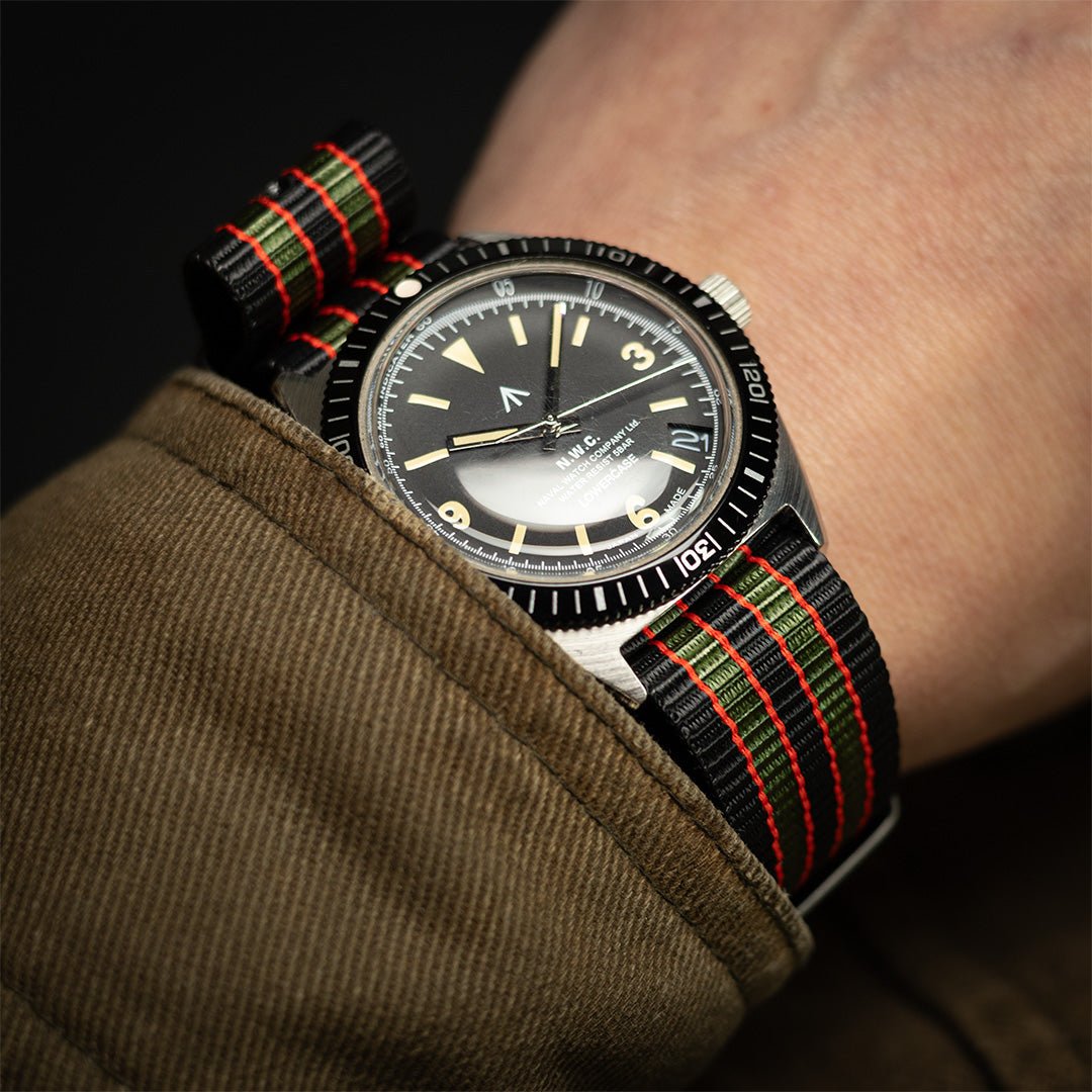time+ Ballistic Nylon Military Watch Strap Vintage Bond - Matte Black on Naval Watch