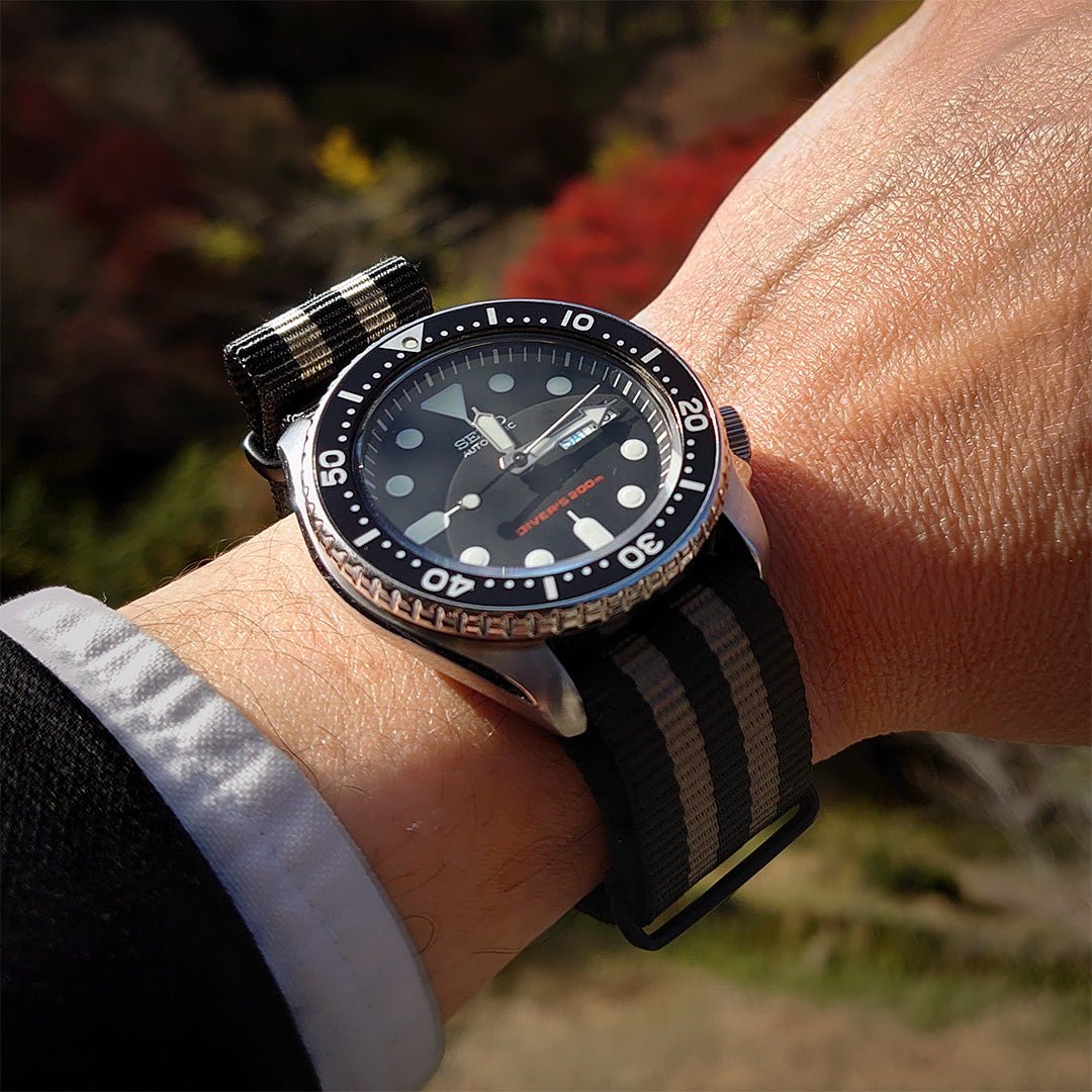 time+ Ballistic Nylon Military Watch Strap Bond - Matte Black on SEIKO SKX007