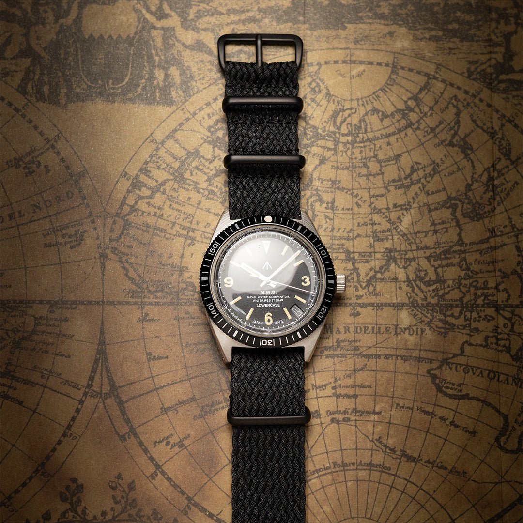 Perlon Military Watch Strap Black - Matte Black on Naval Watch