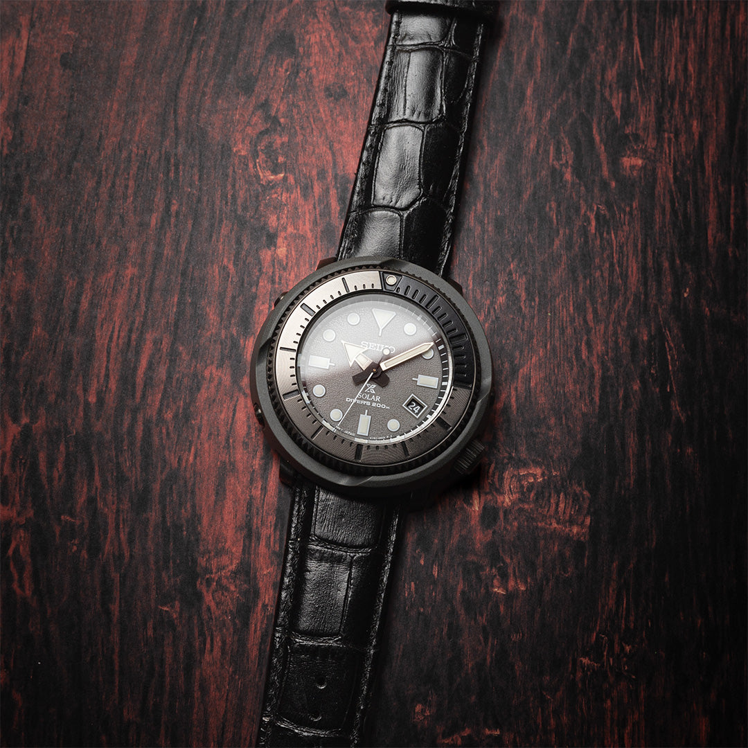 time+ 2 Piece Crocodile Embossed Leather Watch Strap Band Black