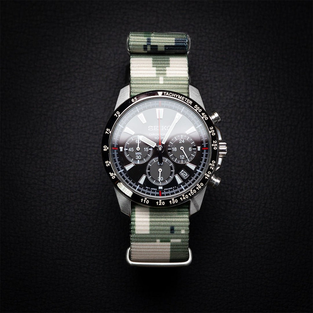 time+ Digital Camo Nylon Military Watch Strap - Brushed on SEIKO Chronograph