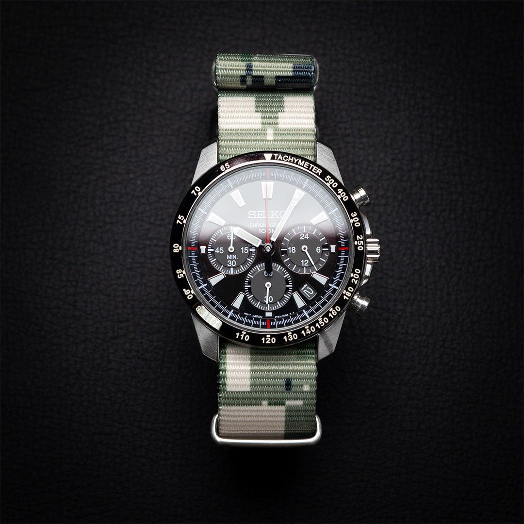 time+ Digital Camo Nylon Military Watch Strap - Brushed on SEIKO Chronograph