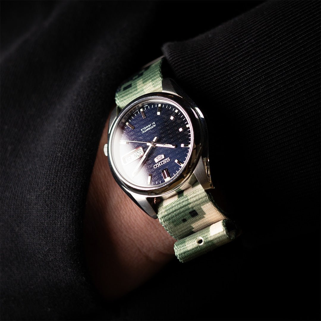 time+ Digital Camo Nylon Military Watch Strap - Matte Black on SEIKO 5