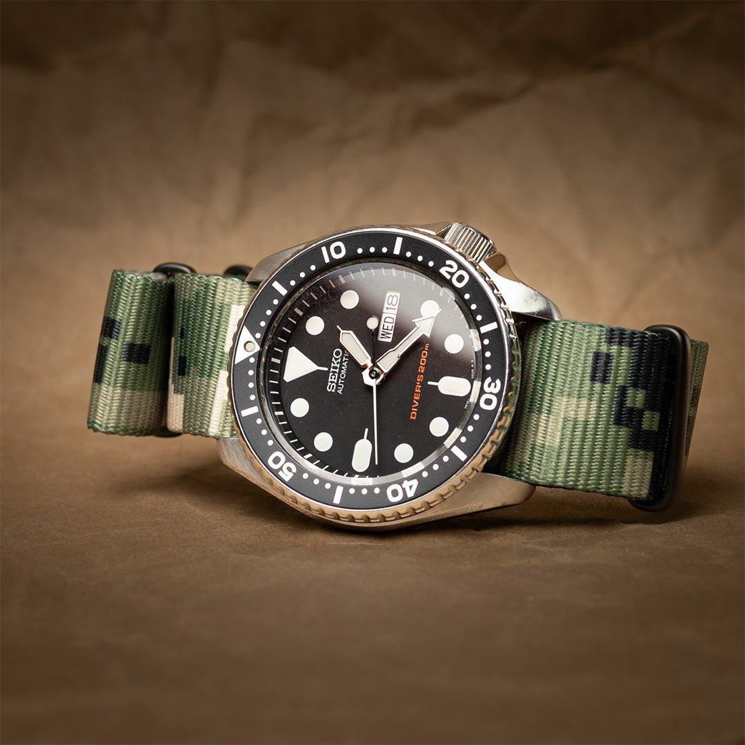 time+ Digital Camo Nylon Military Watch Strap - Matte Black on SEIKO SKX007
