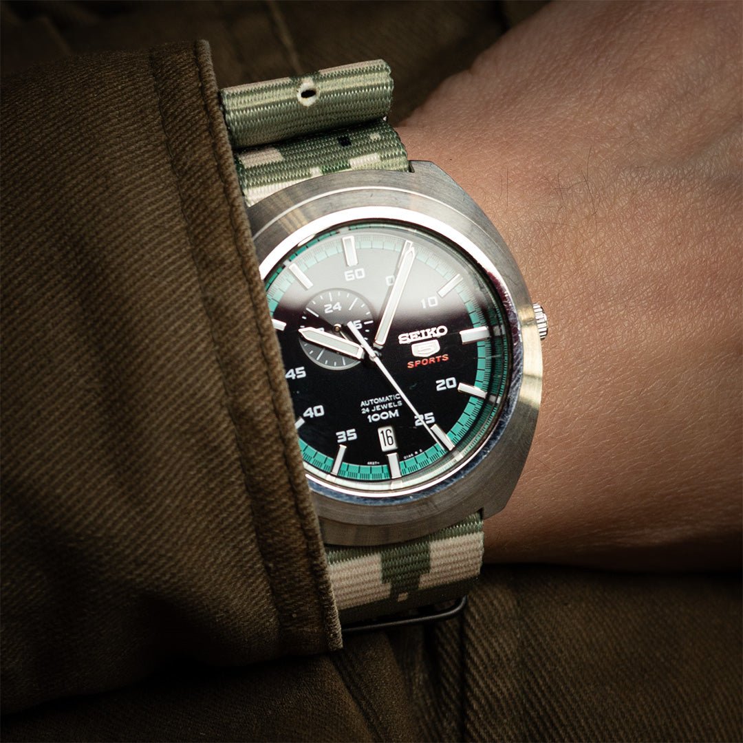 time+ Digital Camo Nylon Military Watch Strap - Matte Black on SEIKO5 Sports