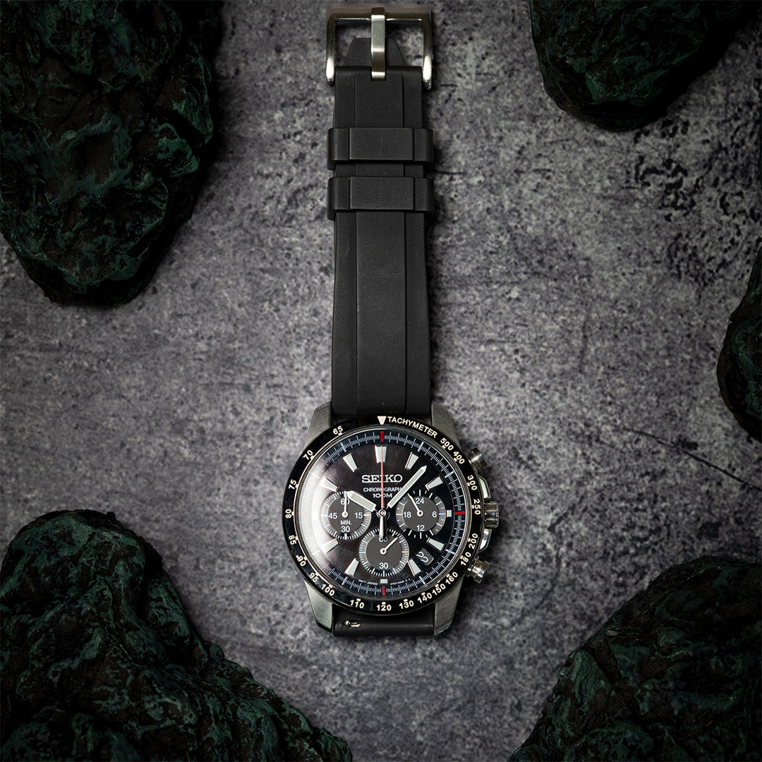 time+ FKM Rubber Raised Line Quick Release Watch Strap Black