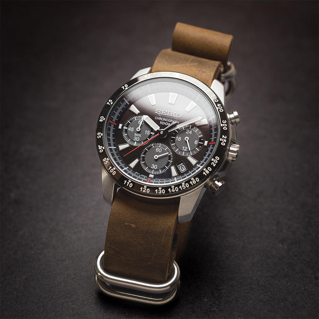 time+ 5-ring Distressed Leather Military Watch Strap Vintage Brown
