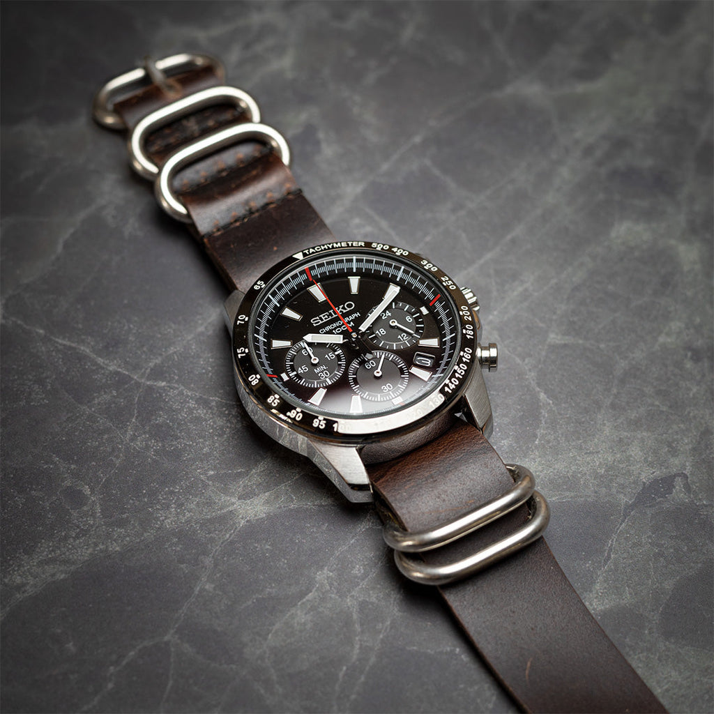 time+ 5-ring Oil Leather Military Watch Strap Dark Brown