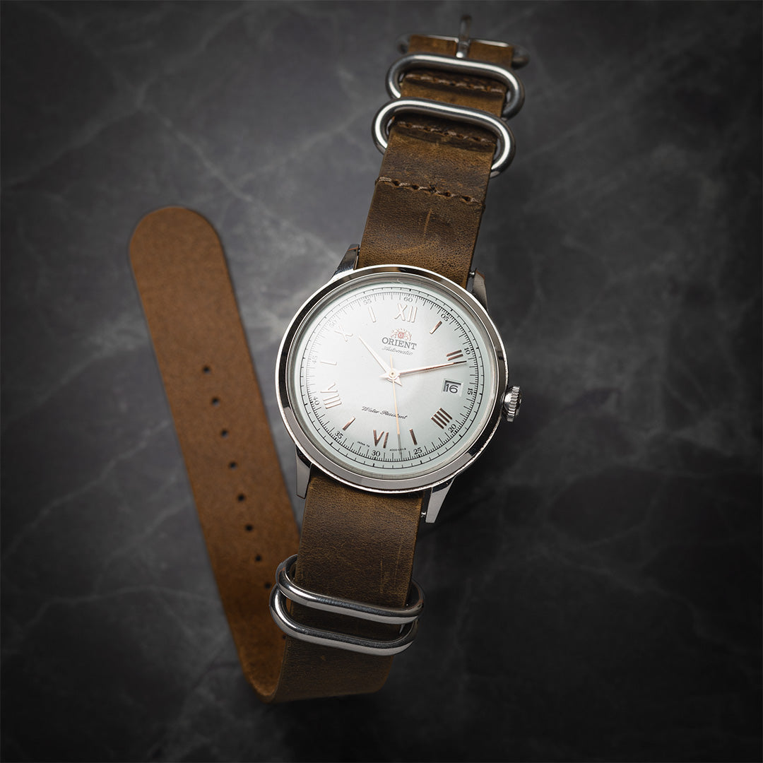 time+ 5-ring ヴィンテージレザー ミリタリーストラップ 腕時計ベルト ブラウン