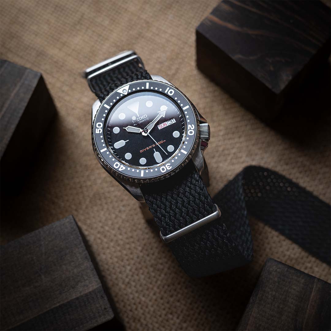 time+ Perlon Military Watch Strap Black - Brushed