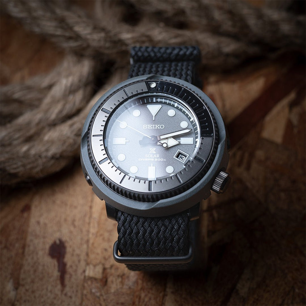 time+ Perlon Military Watch Strap Black - Matte Black on SEIKO TUNA