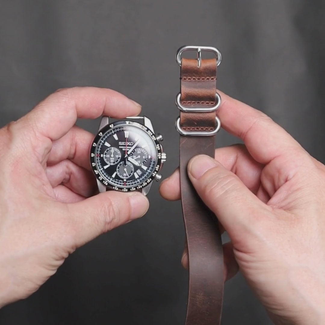 time+ 3-ring Distressed Leather Military Watch Strap Vintage Brown