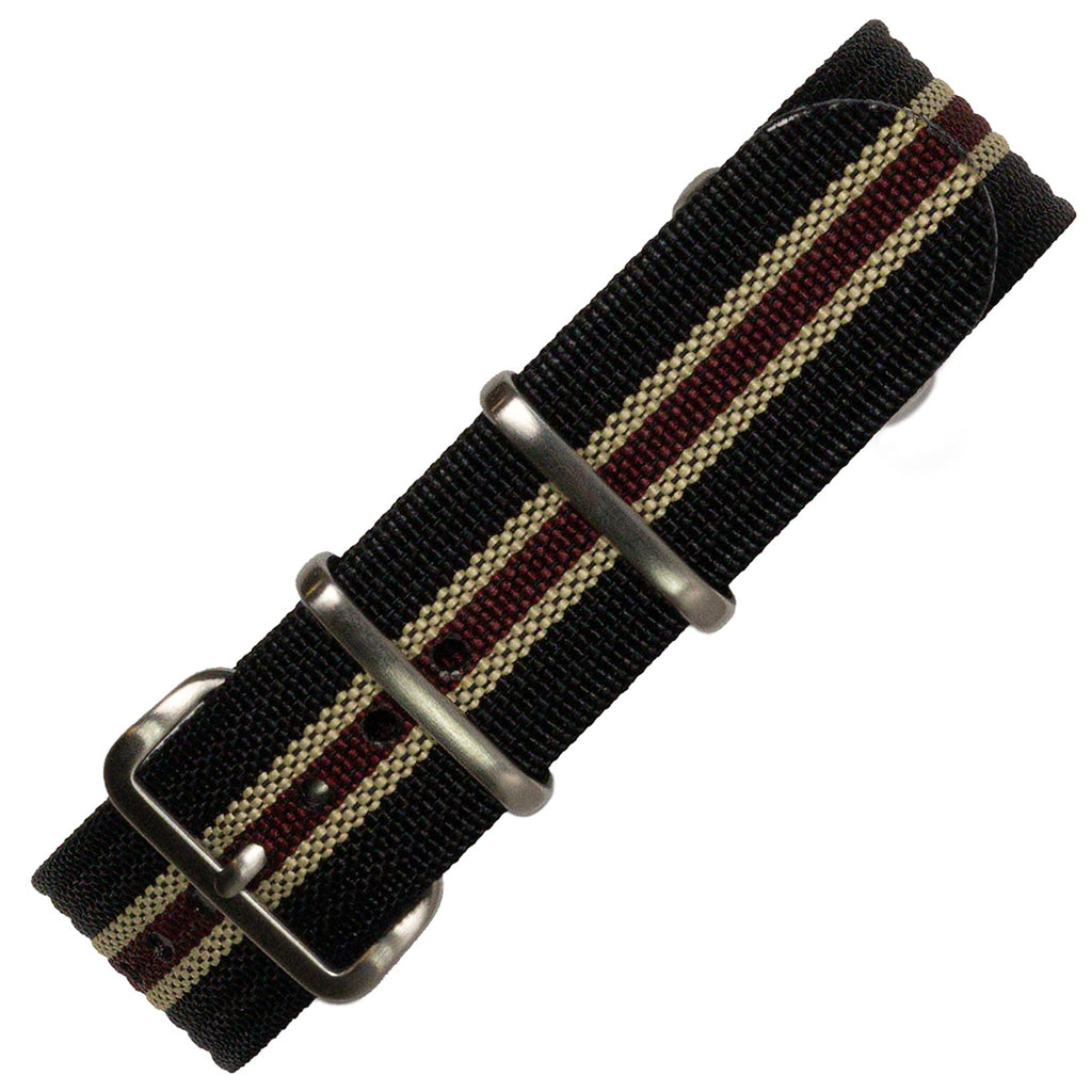 time+ Ribbed Nylon Military Watch Strap Black, Beige & Red