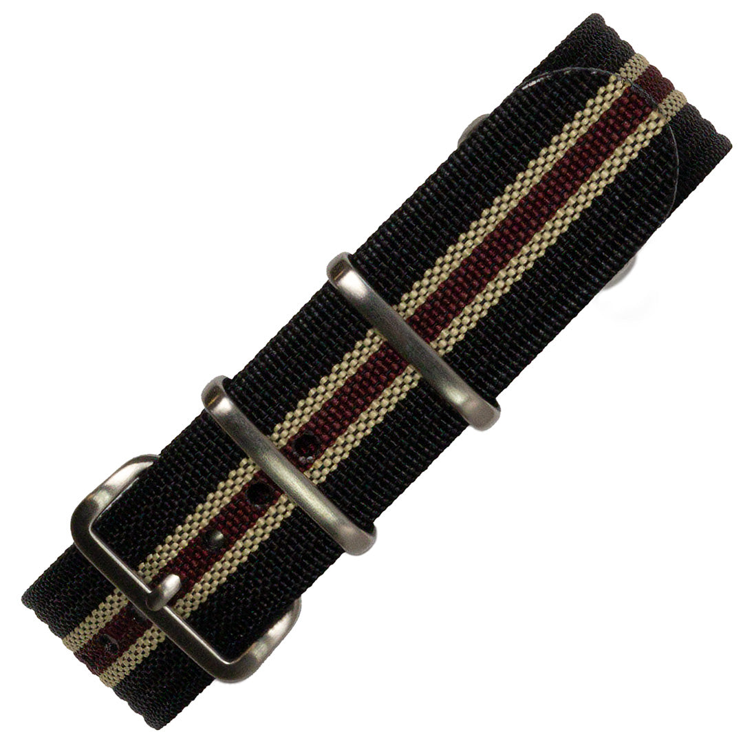 time+ Ribbed Nylon Military Watch Strap Black, Beige & Red