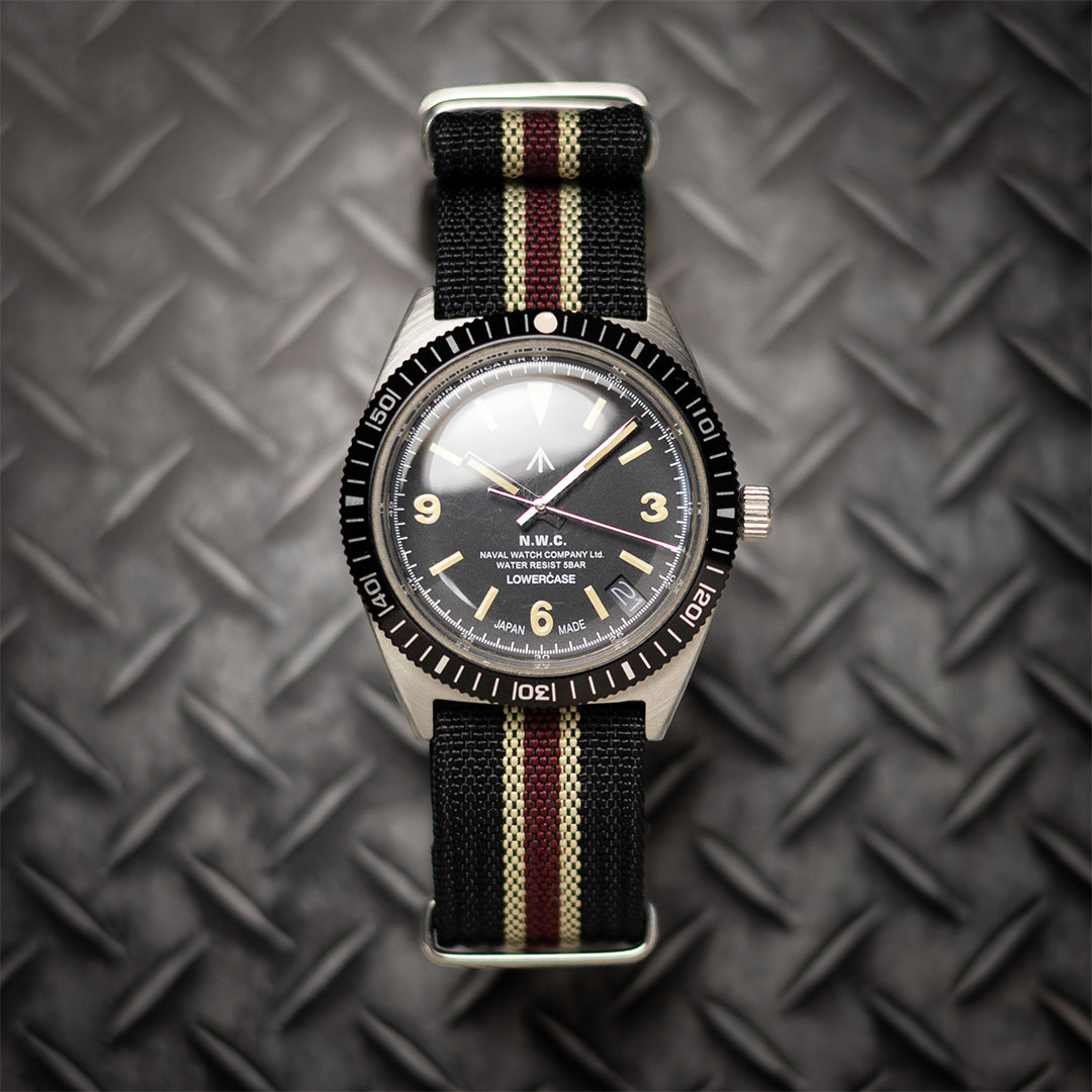 time+ Ribbed Nylon Military Watch Strap Black, Beige & Red