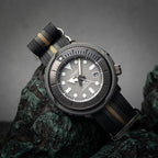 time+ Ribbed Nylon Military Watch Strap / Black, Grey & Beige Stripe - Brushed