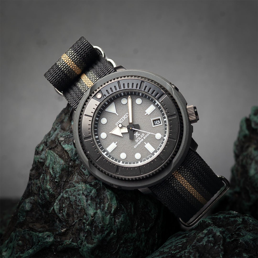 time+ Ribbed Nylon Military Watch Strap / Black, Grey & Beige Stripe - Brushed