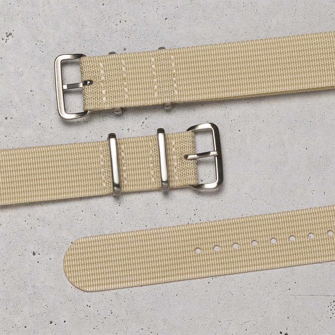 time+ Ribbed Nylon Military Watch Strap Beige, Flat