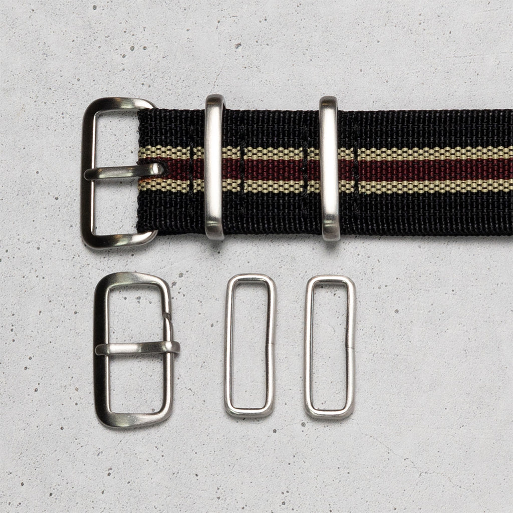 time+ Ribbed Nylon Military Watch Strap Black, Beige & Red, Buckle