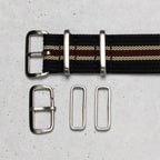 time+ Ribbed Nylon Military Watch Strap Black, Beige & Red, Buckle