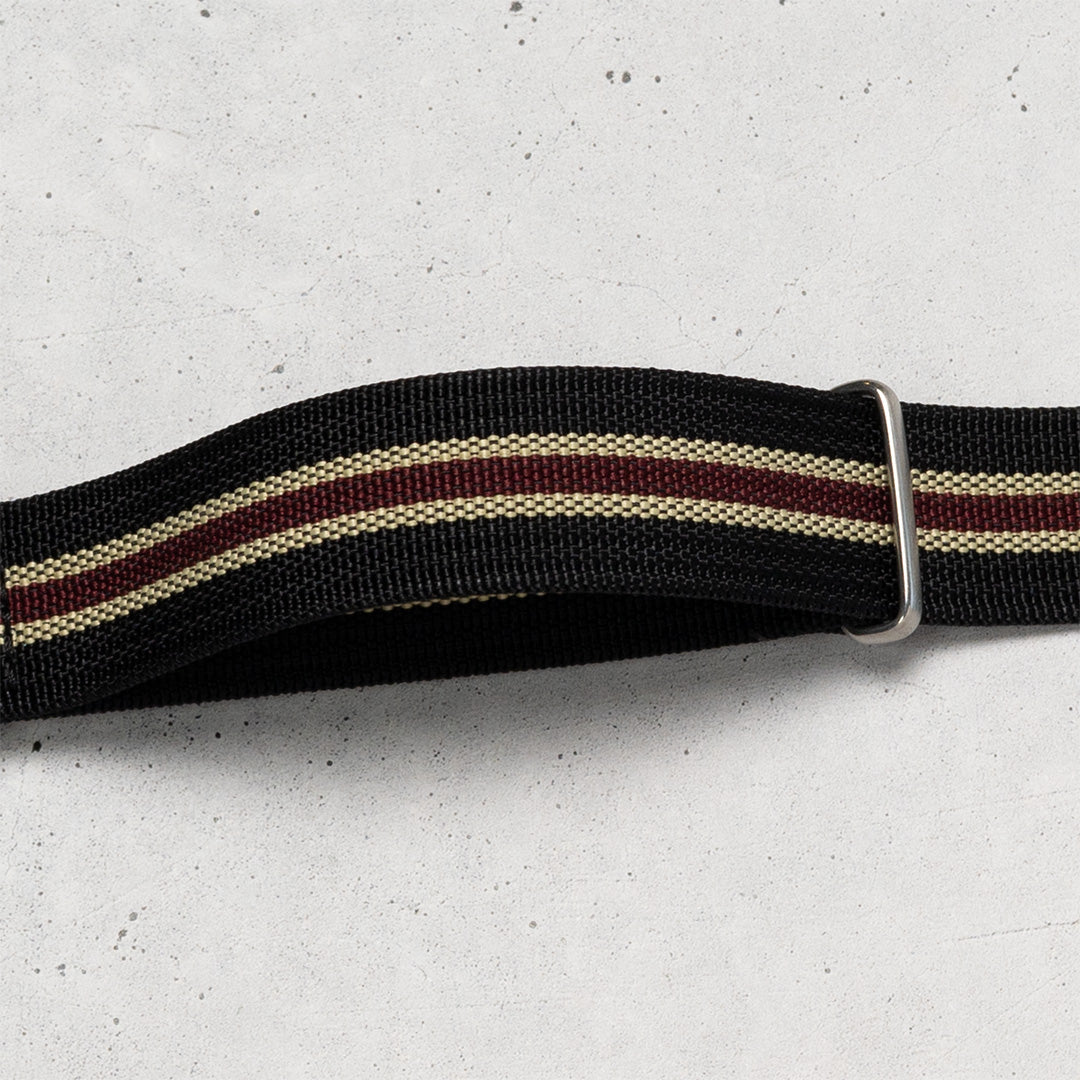 time+ Ribbed Nylon Military Watch Strap Black, Beige & Red, Closeup