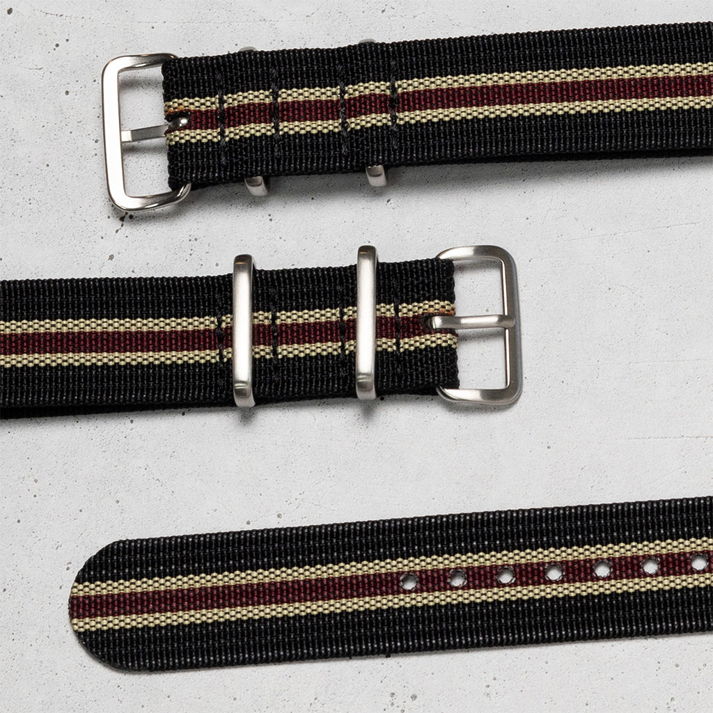 time+ Ribbed Nylon Military Watch Strap Black, Beige & Red, flat