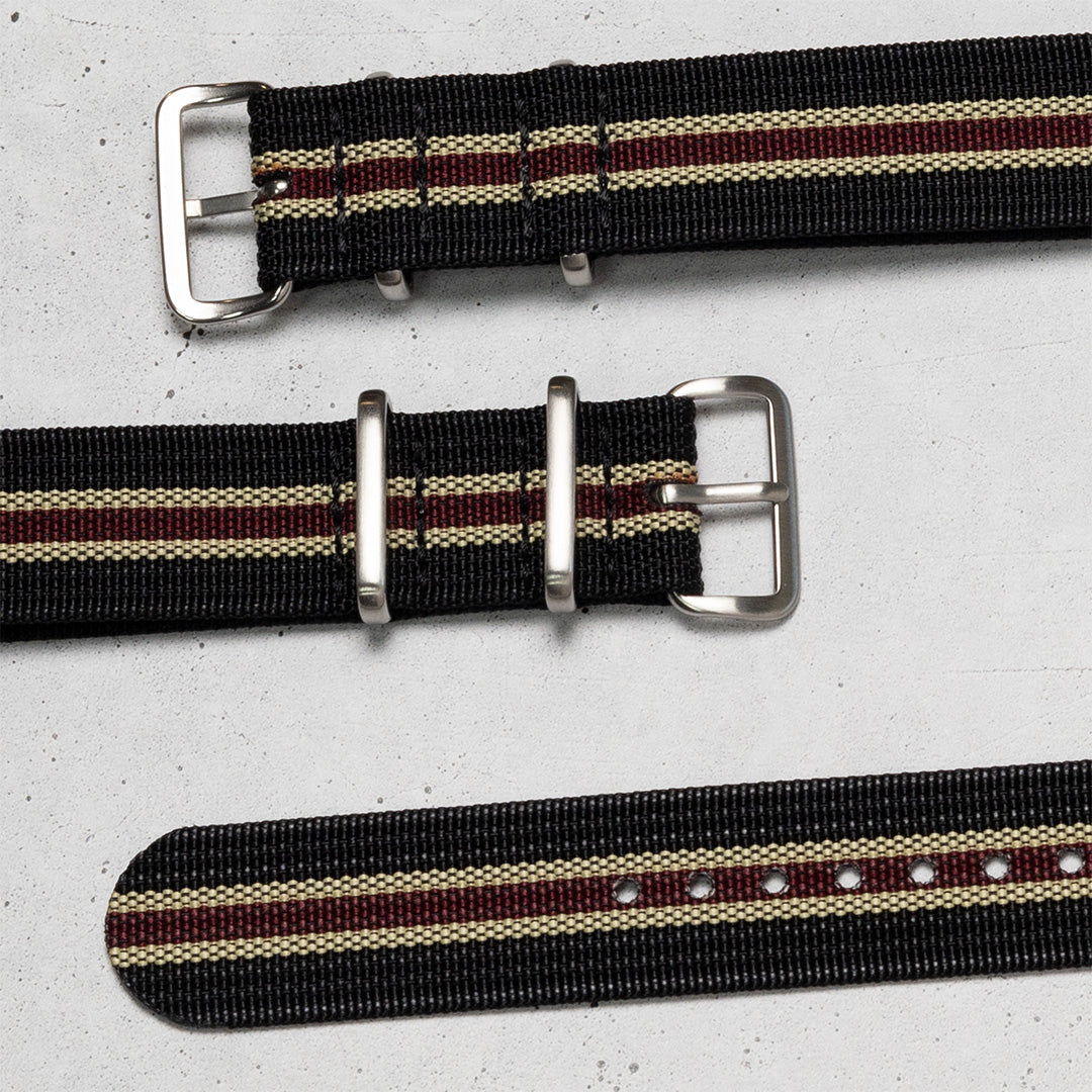 time+ Ribbed Nylon Military Watch Strap Black, Beige & Red, flat