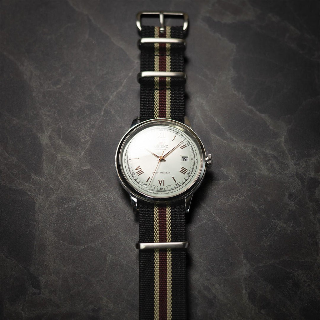 time+ Ribbed Nylon Military Watch Strap / Black, Beige & Red Stripe - Brushed