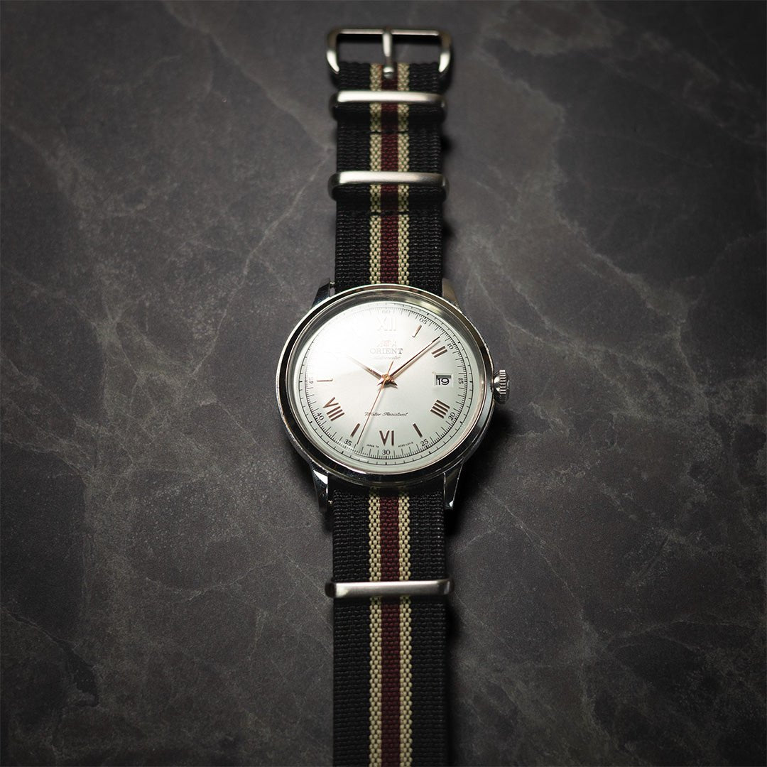 time+ Ribbed Nylon Military Watch Strap / Black, Beige & Red Stripe - Brushed